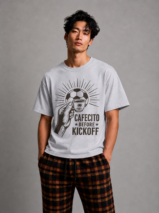 Cafecito Before Kickoff Soccer T-Shirt — Latin Coffee & Football Fan Tee