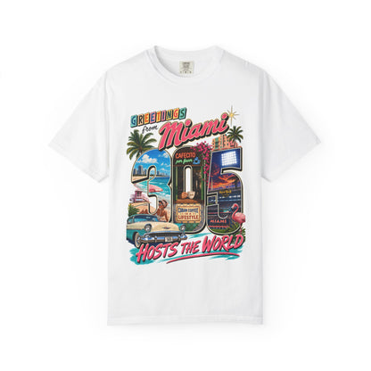 Miami Retro Postcard T-Shirt — "Greetings Miami" Vintage Vacation Tee