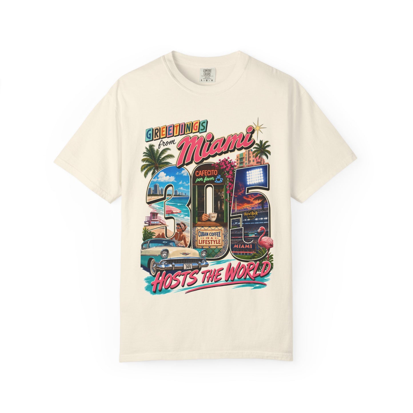 Miami Retro Postcard T-Shirt — "Greetings Miami" Vintage Vacation Tee