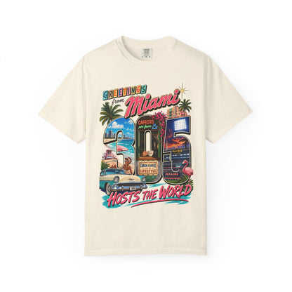 Miami Retro Postcard T-Shirt — "Greetings Miami" Vintage Vacation Tee