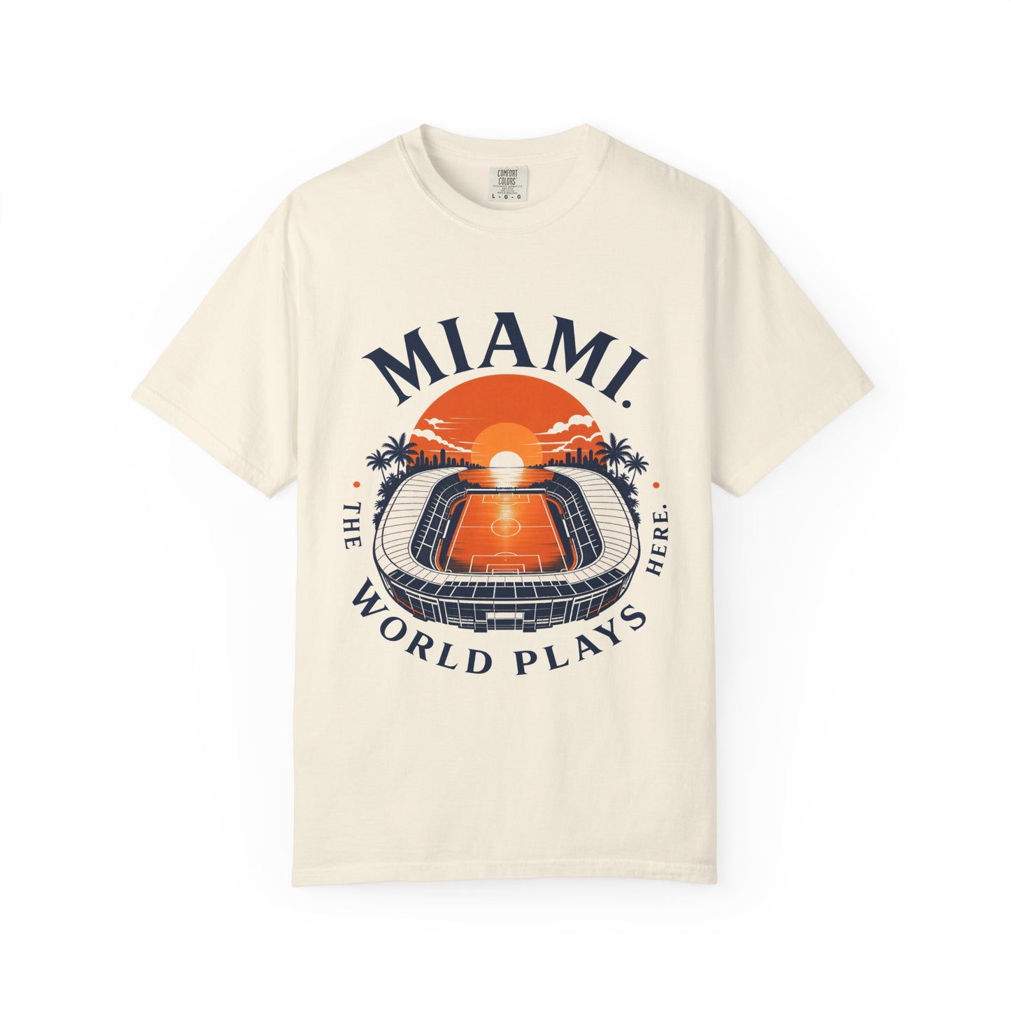 Miami Sunset Stadium T-Shirt — "The World Plays Here" Vintage Beach Graphic