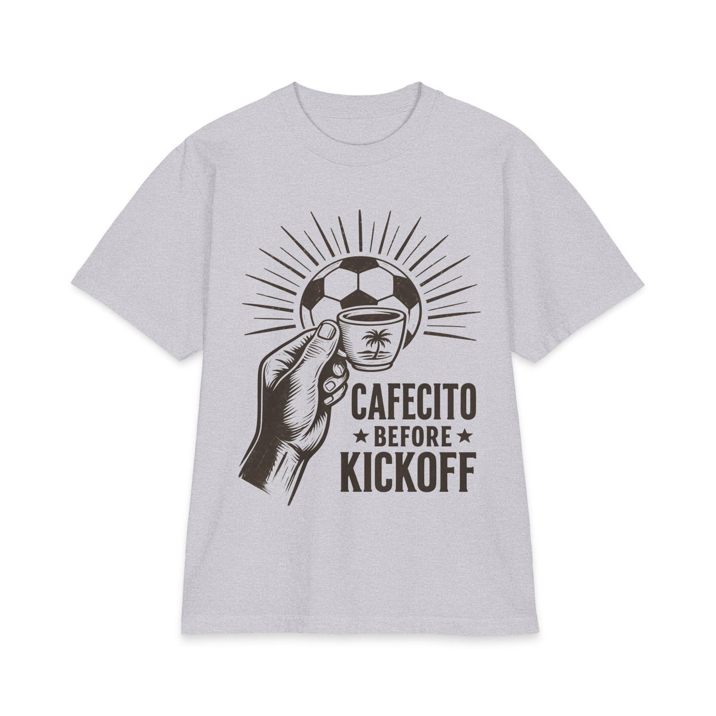 Cafecito Before Kickoff Soccer T-Shirt — Latin Coffee & Football Fan Tee