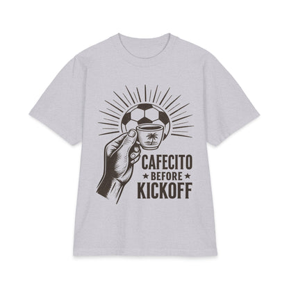 Cafecito Before Kickoff Soccer T-Shirt — Latin Coffee & Football Fan Tee