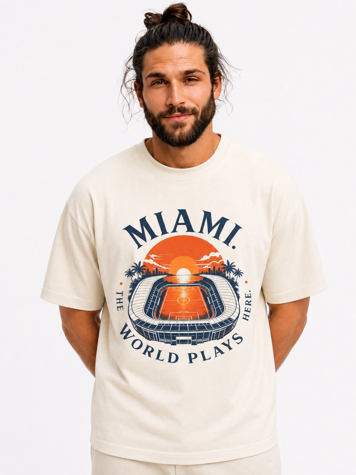 Miami Sunset Stadium T-Shirt — "The World Plays Here" Vintage Beach Graphic
