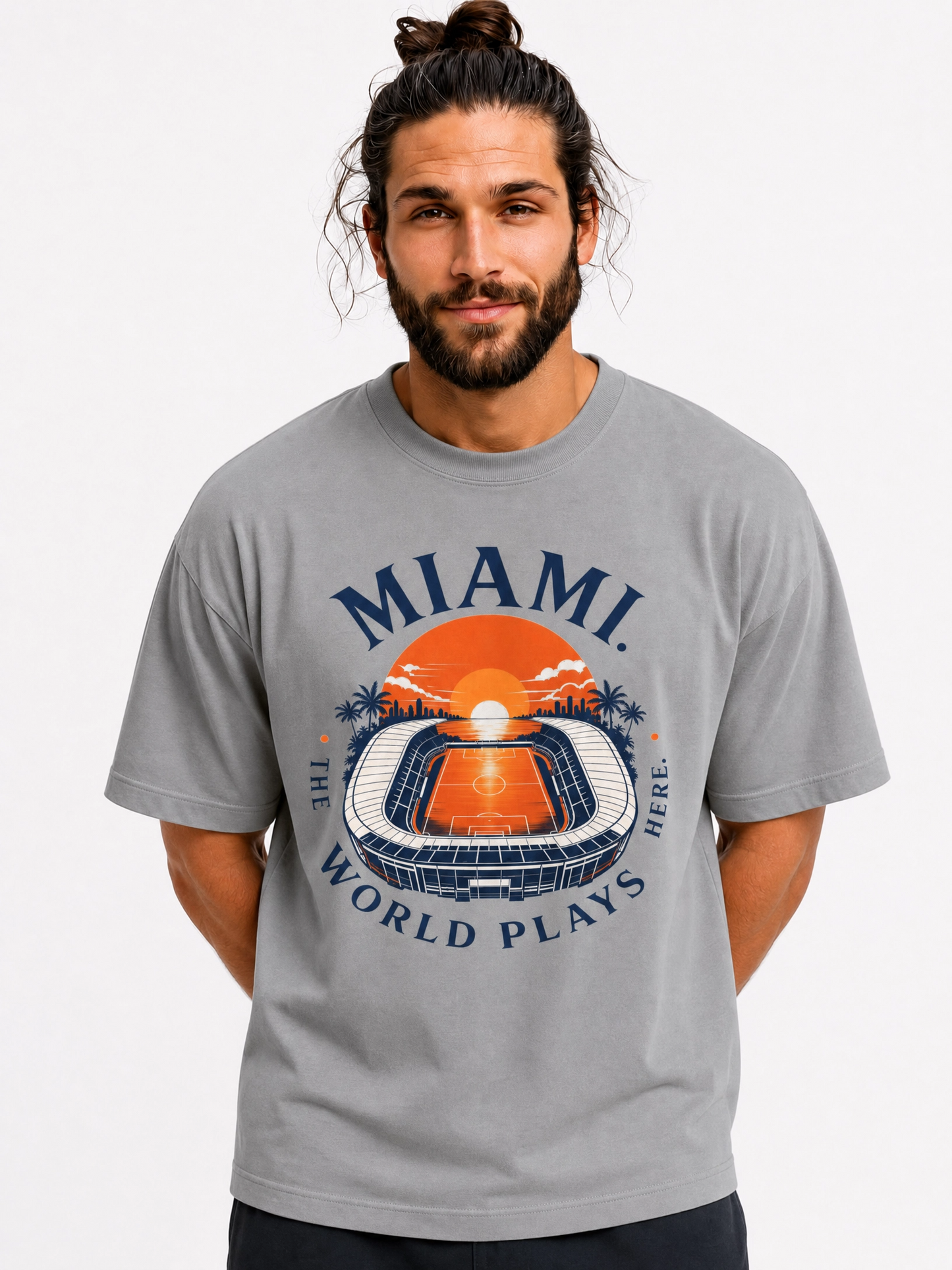 Miami Sunset Stadium T-Shirt — "The World Plays Here" Vintage Beach Graphic