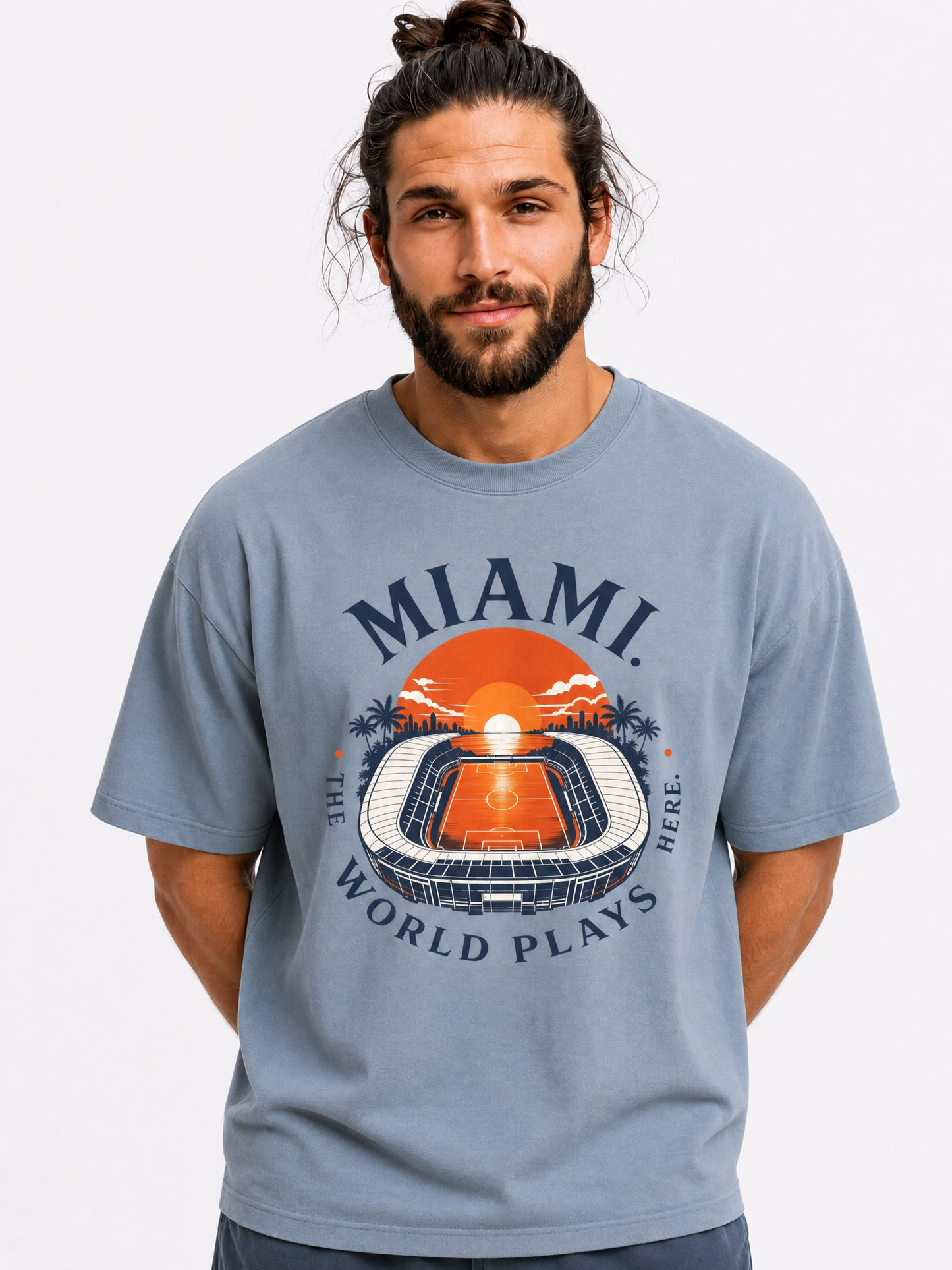 Miami Sunset Stadium T-Shirt — "The World Plays Here" Vintage Beach Graphic