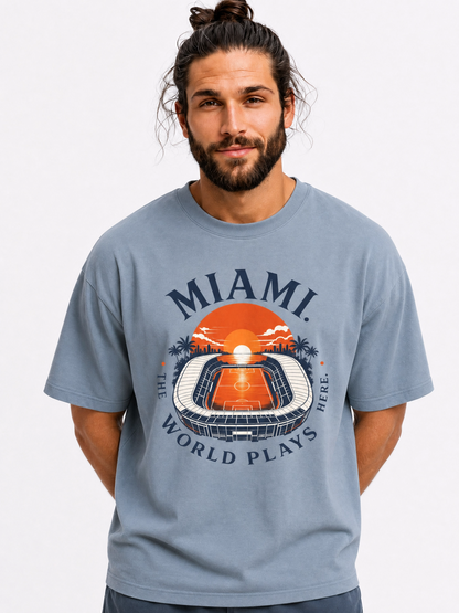 Miami Sunset Stadium T-Shirt — "The World Plays Here" Vintage Beach Graphic