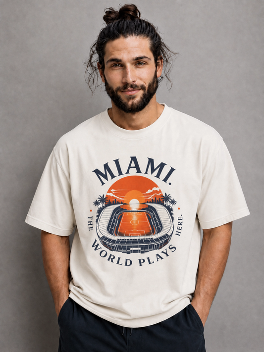 Miami Sunset Stadium T-Shirt — "The World Plays Here" Vintage Beach Graphic