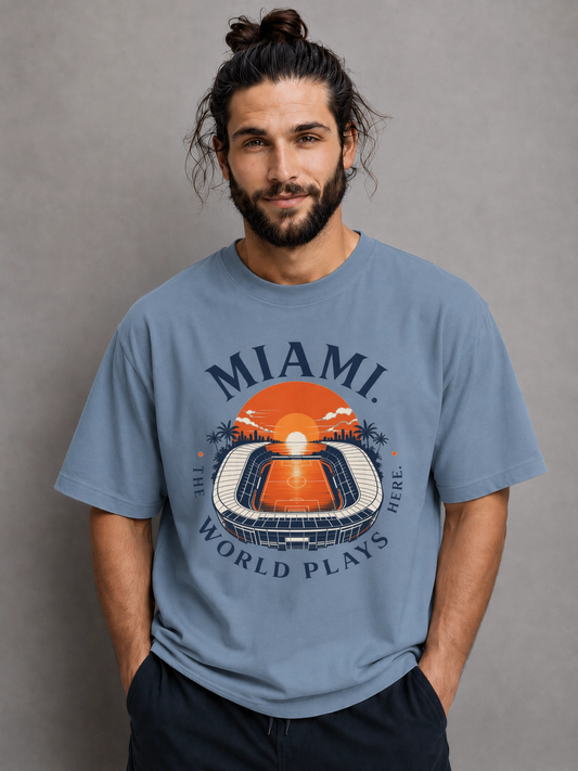 Miami Sunset Stadium T-Shirt — "The World Plays Here" Vintage Beach Graphic