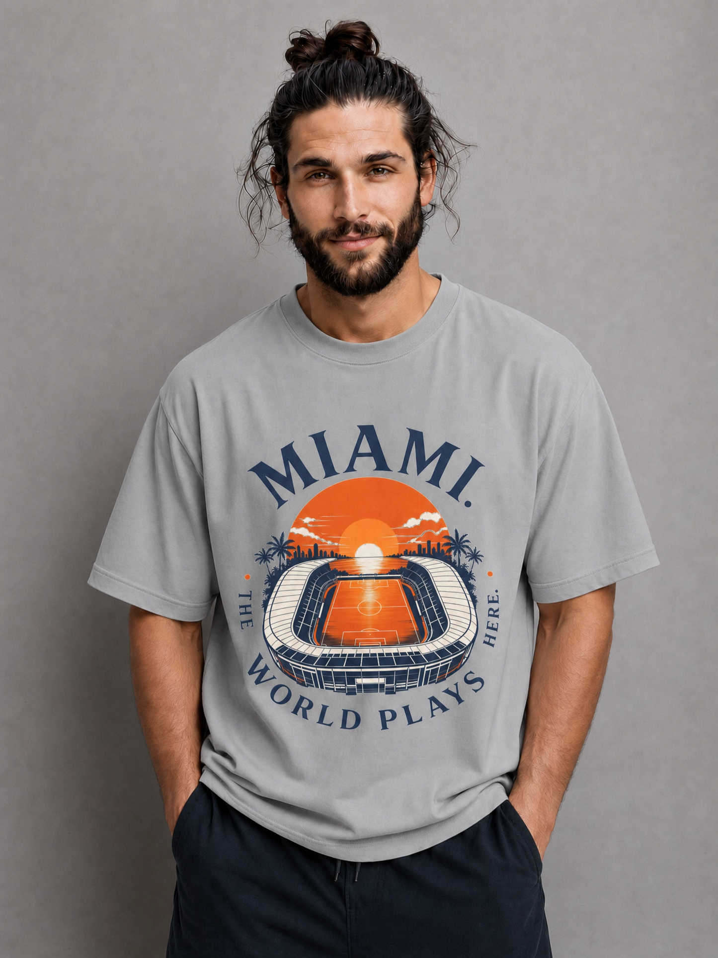 Miami Sunset Stadium T-Shirt — "The World Plays Here" Vintage Beach Graphic