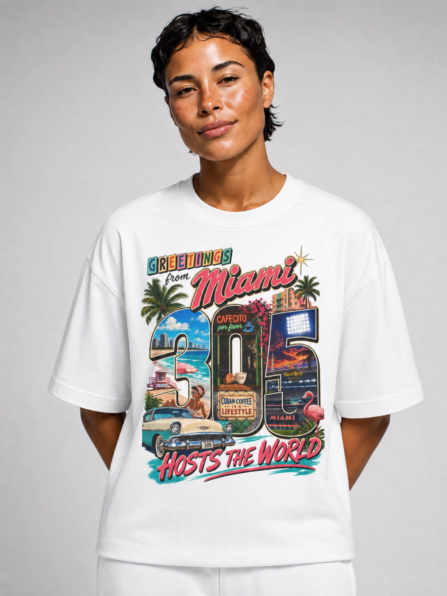 Miami Retro Postcard T-Shirt — "Greetings Miami" Vintage Vacation Tee