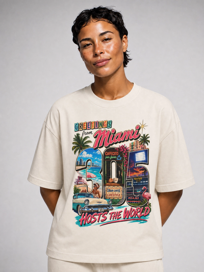 Miami Retro Postcard T-Shirt — "Greetings Miami" Vintage Vacation Tee