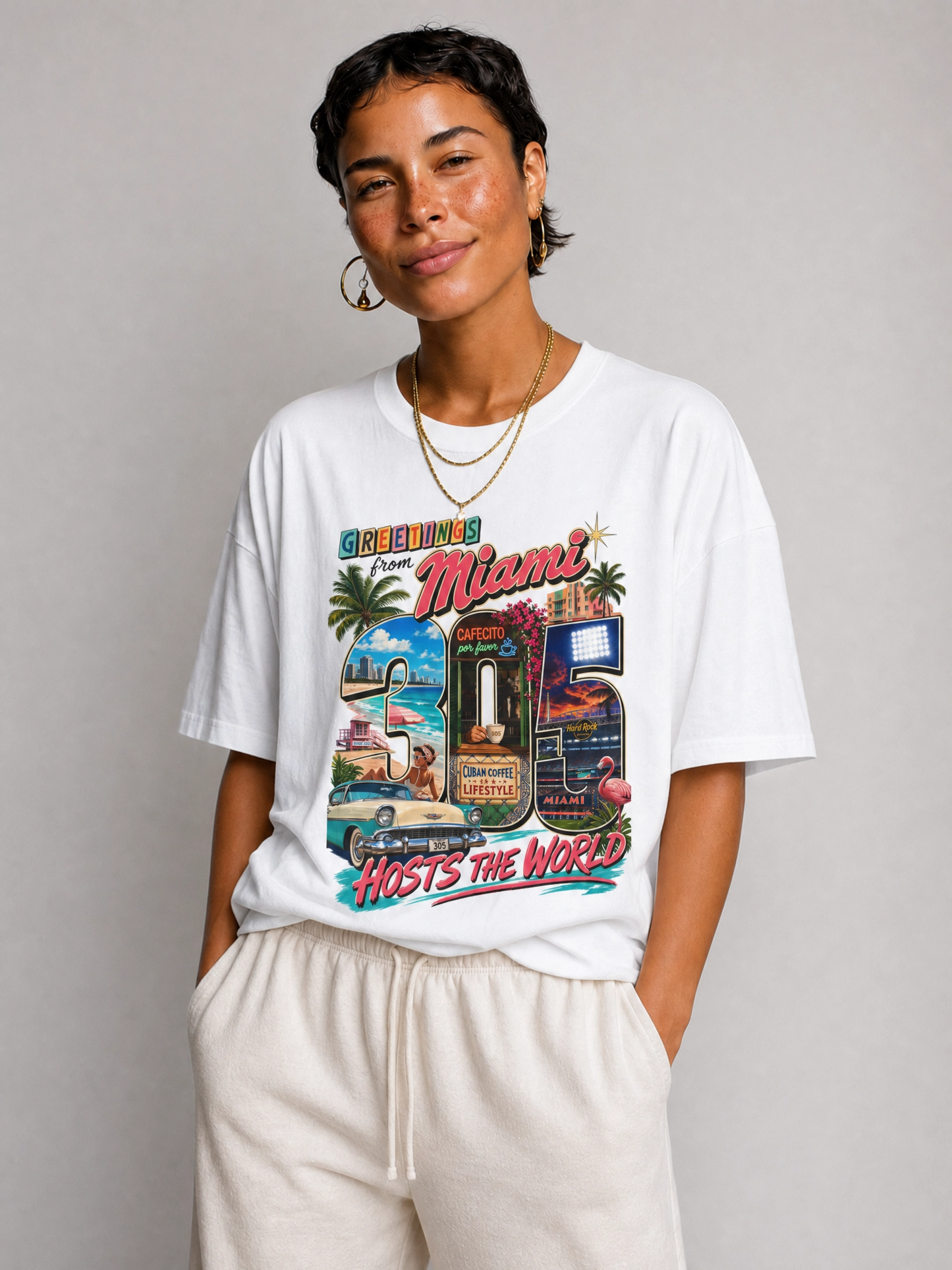 Miami Retro Postcard T-Shirt — "Greetings Miami" Vintage Vacation Tee