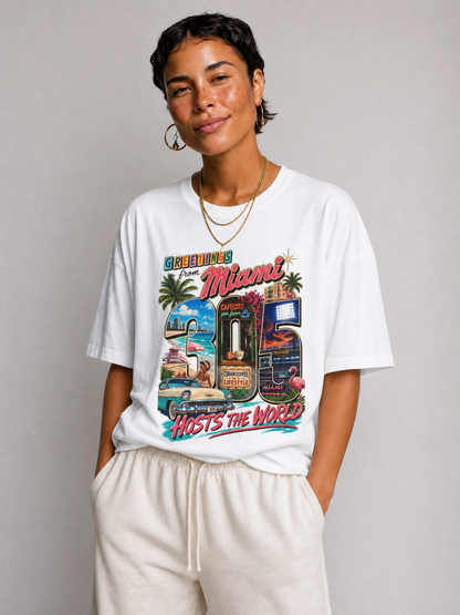 Miami Retro Postcard T-Shirt — "Greetings Miami" Vintage Vacation Tee