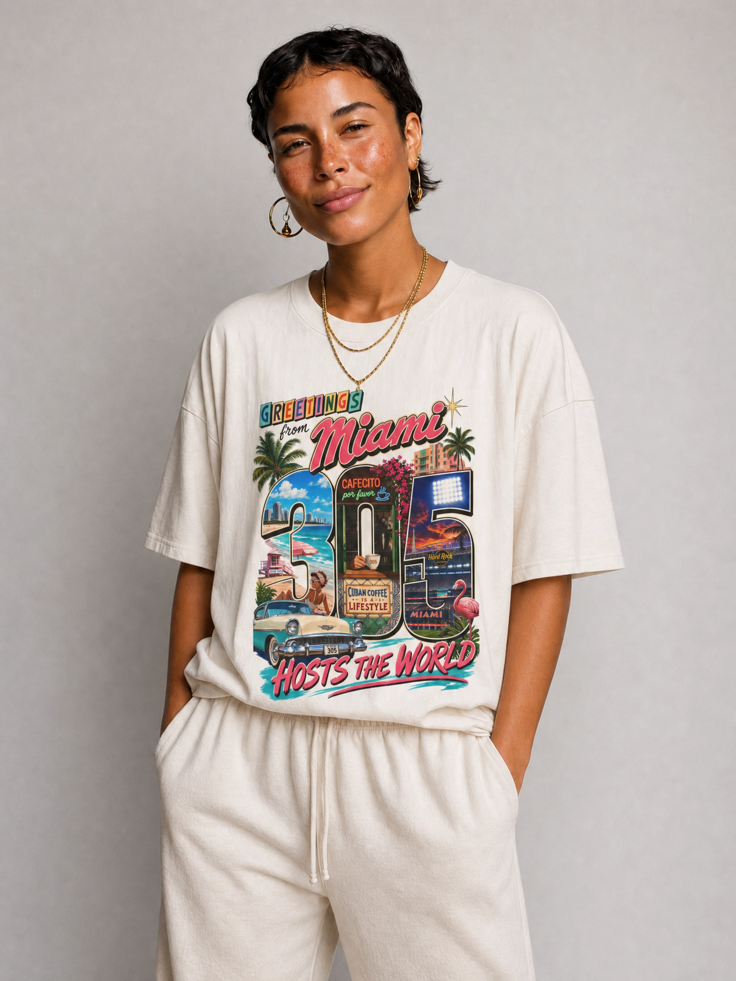 Miami Retro Postcard T-Shirt — "Greetings Miami" Vintage Vacation Tee