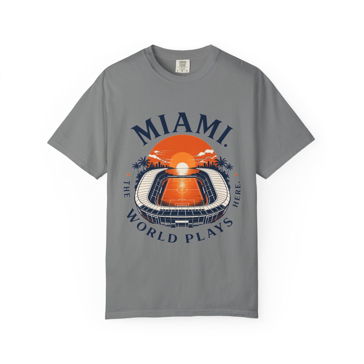 Miami Sunset Stadium T-Shirt — "The World Plays Here" Vintage Beach Graphic