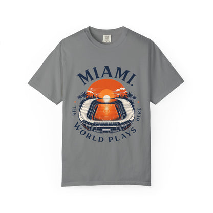 Miami Sunset Stadium T-Shirt — "The World Plays Here" Vintage Beach Graphic
