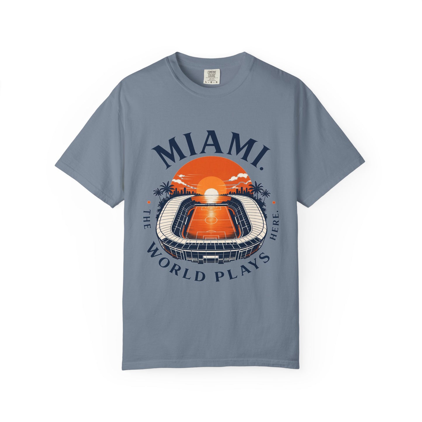 Miami Sunset Stadium T-Shirt — "The World Plays Here" Vintage Beach Graphic