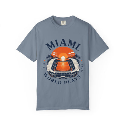 Miami Sunset Stadium T-Shirt — "The World Plays Here" Vintage Beach Graphic